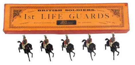 A set of six W Britain painted lead soldiers, Lifeguards, set number 1, boxed.