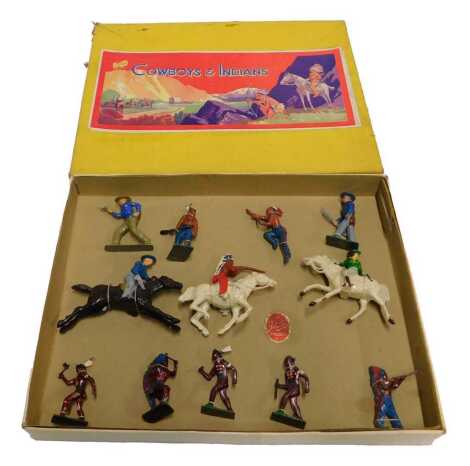 A John Hill and Co painted lead Cowboys and Indians set, set number C51, possibly 1930s, boxed.