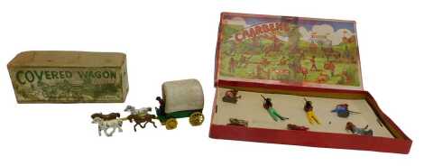 A Charbens painted lead set, depicting Native Americans, boxed, together with a Modern Product lead covered wagon, boxed.