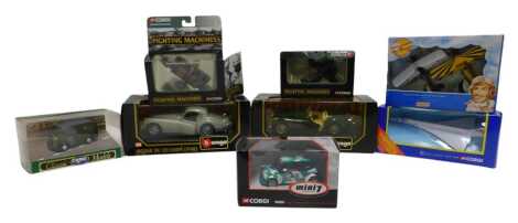 Two Burago diecast cars, comprising a Jaguar XK120 Roadster (1948), and a Jaguar XK120 Coupe (1948), boxed, together with diecast aviation models, Mini 7 Racing Club car, etc. (1 tray)