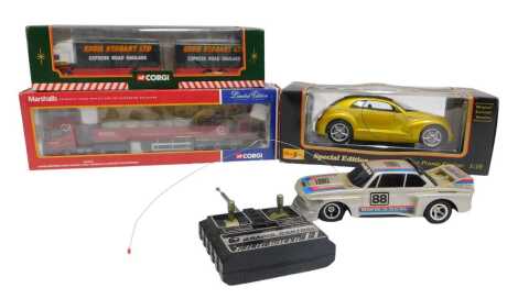 A Maisto Special Edition Chrysler Pronto Cruizer, scale 1;18, together with a Radio Racer remote controlled racing car and controller, a Corgi Eddie Stobart Ltd Volvo short wheel base lorry with close couple trailer, 59516, and a Corgi Marshall's Scania d