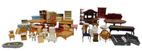 A group of doll's house furniture, to include sideboard, dining table, chest of drawers, various chairs, longcase clock, baby grand piano, etc. (2 trays)