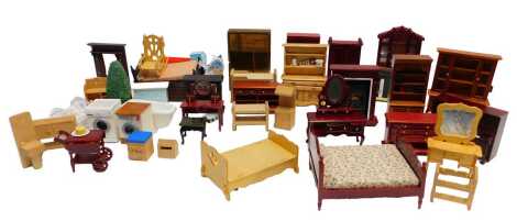 Various doll's house furniture, to include bookcase, bed, armchair, upright piano, mirror back dressing table, dolls, etc. (3 trays)