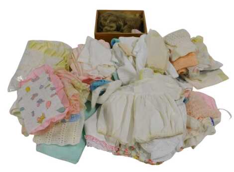 Doll related items, to include chairs, wicker basket containing apples, various clothing, furs, etc. (2 boxes)