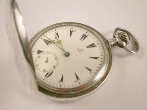 An Omega silver cased Hunter pocket watch