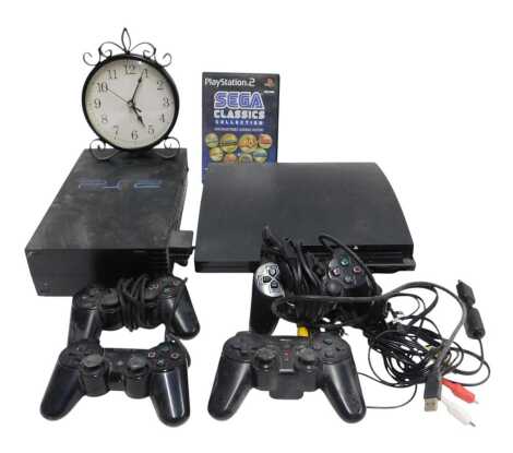 A Sony PlayStation 2 and a Sony PlayStation 3 slim, together with controllers, leads, etc. (1 box)