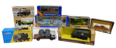 Corgi and Solido boxed diecast, including a 60031 Land Rover road drill and figure Transco, a Corgi Super Haulers 59574 Volvo rigid truck Target Worldwide, a Corgi 1954 Mercedes 300SL, a Corgi Classics 25301 Holt Lane Transport Leyland Super Comet platfor