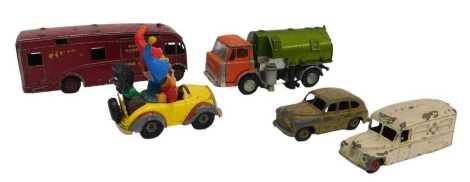 Dinky and Corgi playworn diecast, including Dinky Supertoys horse box, Dinky Toys Johnston road sweeper, Dinky Toys Vanguard, Dinky Toys Daimler ambulance, and a Corgi Comics Noddy Car with Noddy and Big Ears. (5)