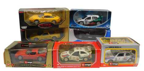 Burago Solido and other boxed diecast, including a Solido 1:18 scale racing Skoda VRS rally car No.15, a Burago Lancier Delta S4 No.7 rally car, a Burago 1:24 scale Ford Escort RS Cosworth rally car No.6, a Burago 1997 Chevrolet Corvette, etc. (7)