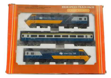 Hornby Railways OO gauge High Speed Train pack, including HST power car, HST dummy power car, and a BR Intercity Mark 3 coach in Intercity corporate livery.