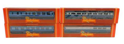 Hornby OO gauge coaches, including R425 BR Intercity coach Mark 3 first class open, R427 BR Intercity coach Mark 3 buffet 125, R422 LMS first class coach Coronation Scot, and R423 LMS brake third coach Coronation Scot, boxed. (4)