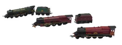 A Tri-ang OO gauge Princess Class locomotive Princess Elizabeth, 46201, 4-6-2, another Princess Elizabeth locomotive lacking tender, and a Hornby Dublo Duchess of Sutherland locomotive, 4-6-2, in LMS crimson. (3)