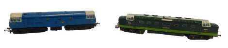 A Lima Models OO gauge Class 55 locomotive Ballymoss, BR two-tone green, and a Tri-ang OO gauge Class 31 diesel locomotive, BR blue. (2)