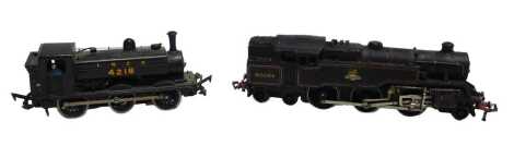 A Hornby Dublo three rail locomotive converted to two rail, Standard Class 4 tank locomotive, 2-6-4T, 80054, BR lined black, and a kit built LNER pannier tank locomotive 0-6-0, LNER black. (2)