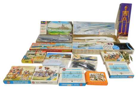 Airfix and Revell kits, including Frog Swordfish Mark 2 Torpedo plane, Revell Heavy Cruiser, Prinz Eugen of World War II, Airfix 1:44 scale BRAC Concorde, Airfix 1:6 scale construction kit series 3 12" skeleton, etc. (1 box)