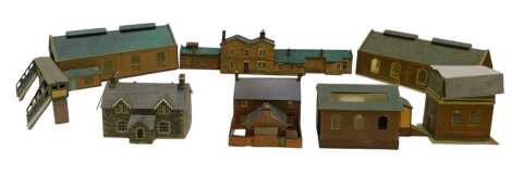 Various cardboard OO gauge buildings, including foot bridges, terraced houses, water tower, etc. (1 box)