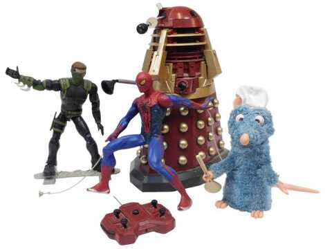 A Doctor Who remote controlled Dalek, The Amazing Spiderman with web shooters, Green Goblin, and a Disney's battery operated Ratatouille. (4)