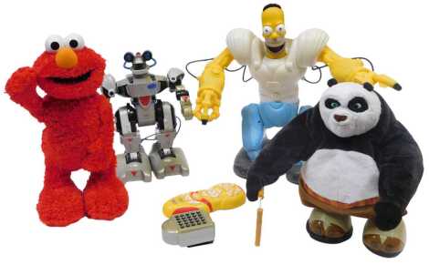 A Robosapian Homer Simpson, a Kung Fu Panda battery operated Po, a Tickle Me Elmo, and a San Francisco Toy Maker's Ramone the Robot. (4)