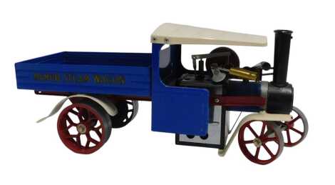 A Mamod steam wagon, with trailer, in blue, 17cm high.