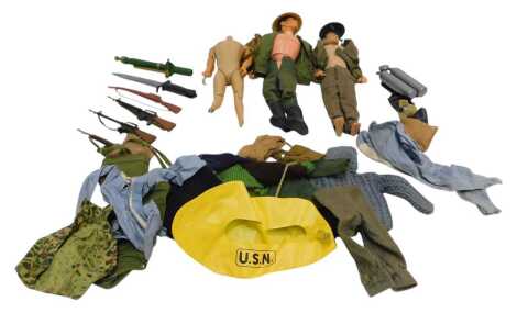 Three Palitoy Action Man figures, one lacking head, together with various clothing and accessories.