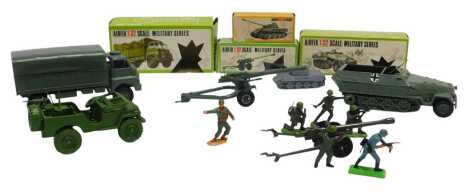 A group of Airfix military related vehicles, 1:32 scale, to include a German half track hand mag personnel carrier, a Bedford RL truck, some boxed, etc. (a quantity)