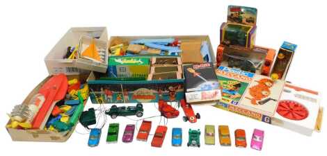 Various toys, to include plastic animal figures, Scalextric race cars, various Matchbox diecast vehicles, Miniature Models self propelling boat, etc. (1 box)