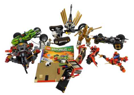 Various Lego, to include a Ninjago vehicle, further Lego figures, etc., together with various pamphlets.