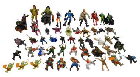 A group of plastic jointed superhero related figures, to include Batman, Joker, etc. (1 box)