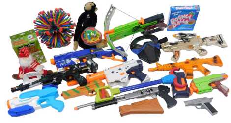 Various toys, to include a Super Soaker, Nerf gun, bouncy balls, etc. (1 box)