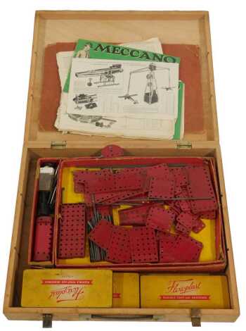 Assorted Meccano, including a No.7 box, in a Meccano outfit No.9 wooden box.