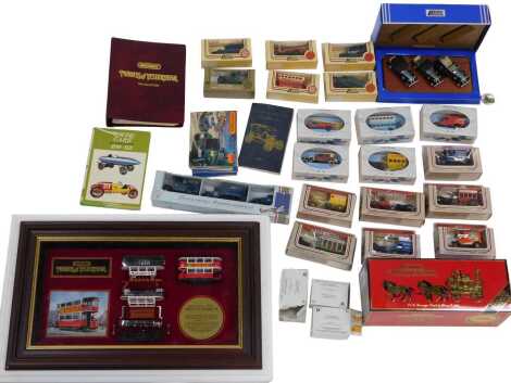 Matchbox Lledo and other diecast vehicles, including Models of Yesteryear Montage, Preston tram car, limited edition number 8782, framed and glazed, Lledo vintage Rolls Royce Car Collection, three car set, The Royal Air Force Personnel transport set, and 