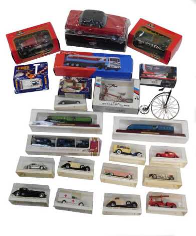 A Burago diecast Mercedes Benz SSK (1928), Jaguar XK 120 Roadster (1948), Ichiko Mercedes Benz 250SC Coupe, The Revival Impression 66, friction powered, Solido vintage cars, all boxed, further cars, and two static scale models of the LNER Flying Scotsman,