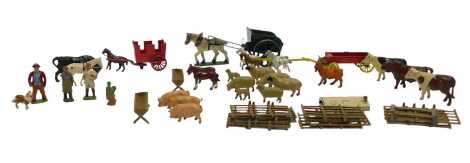 A group of painted lead farm animals, together with fences, trailers, etc. (1 tray)