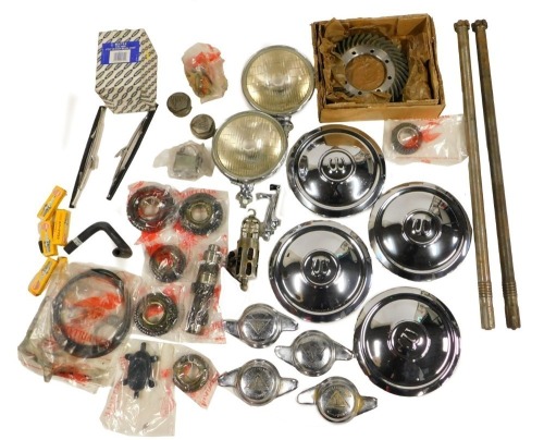 Various car parts, to include gear shaft, Lucas and other car headlights, etc. (a quantity)