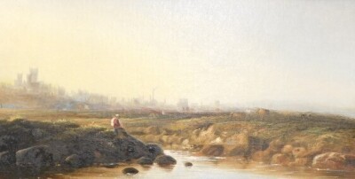 Walter Williams (act.1841-1881). A Distant view of Lincoln,oil on canvas, attributed and titled on plaque, 18.5cm x 36.5cm. Label verso Cider House Galleries Ltd, Surrey.