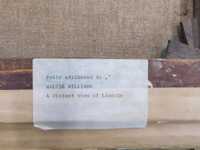 Walter Williams (act.1841-1881). A Distant view of Lincoln,oil on canvas, attributed and titled on plaque, 18.5cm x 36.5cm. Label verso Cider House Galleries Ltd, Surrey. - 5