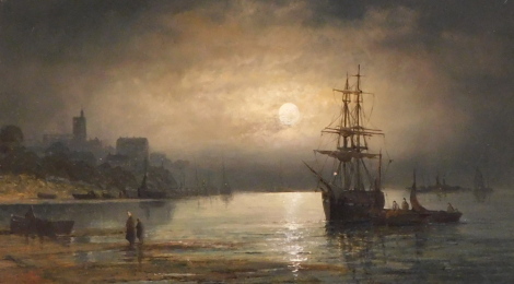 19thC British School. Moonlight Essex Coast, oil on canvas, titled verso, 29.5cm x 50cm.