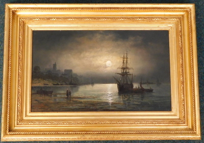 19thC British School. Moonlight Essex Coast, oil on canvas, titled verso, 29.5cm x 50cm. - 2