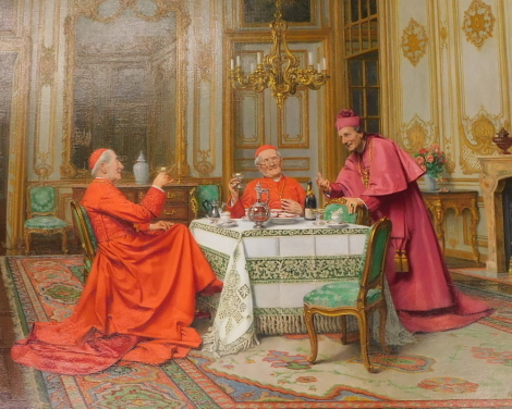 Marcel Brunery (1871/93-1982). Cardinals, oil on canvas, signed, 53cm x 63cm.