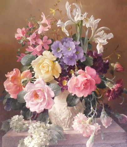 Harold Clayton (1896-1979). Flower Piece, oil on canvas, signed and titled verso, 49cm x 44cm. Label verso Burlington Paintings, London. (One of five works in the auction by this artist.)