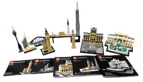 Five Lego Architecture kit builds, comprising the Louvre, Big Ben, Trevi Fountain, New York City and Sydney, each with instruction book.