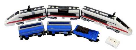 Two Lego built kits, comprising 7897 train, and a blue livery train. (1 box)