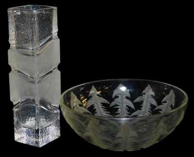 An early 20thC Verrerie d'Alsace glass bowl, decorated in a 'Pissenlit' design, after Rene Lalique, raised mark, 24cm wide, together with a Pill & Putzler clear and frosted glass vase of abstract square form, 25.5cm high.