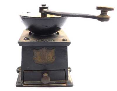 A late 19thC cast iron coffee grinder, by J&J Siddons Limited, model number 2, 11cm wide, together with a wooden salt box, 15cm wide. - 2