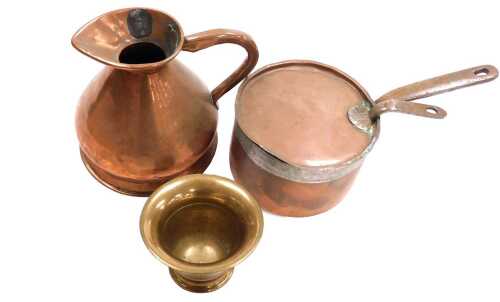 A Victorian copper half gallon flagon, by L Lumley and Company, One America Square, London, together with a copper saucepan and lid, and a brass mortar. (3)