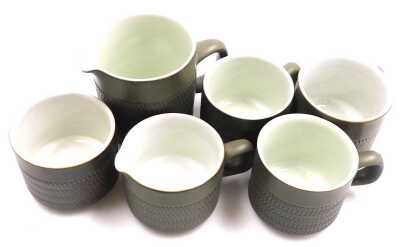 A Denby dark green Chevron pattern breakfast service, including cups and saucers, teapot, cream jug and sugar bowl, circular bowls, egg cups, etc. - 3