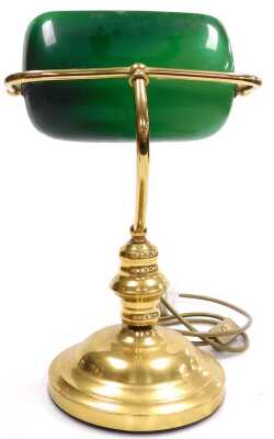 A brass desk lamp, with an angular green and white glass shade, 35cm high. - 3