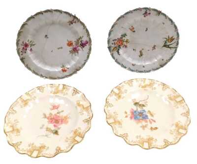 Two late 18thC Chelsea red anchor period porcelain plates, with fluted and leaf moulding, painted with sprays and sprigs of flowers, one bearing anchor mark, 21cm wide, (AF), and a pair of late 19thC Royal Crown Derby porcelain cabinet plates, painted wit