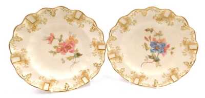 Two late 18thC Chelsea red anchor period porcelain plates, with fluted and leaf moulding, painted with sprays and sprigs of flowers, one bearing anchor mark, 21cm wide, (AF), and a pair of late 19thC Royal Crown Derby porcelain cabinet plates, painted wit - 3