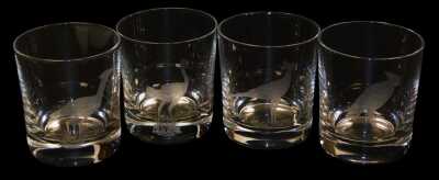 Four Rowland Ward cut glass tumblers, engraved with exotic birds, 9cm high.